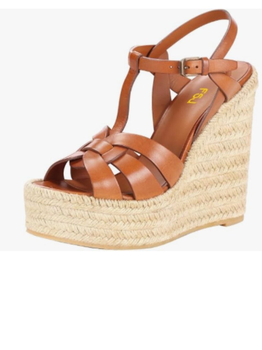 FSJ Brown Open Toe Espadrille Platform Ankle Strap Wedge Woven Cutout Sandals